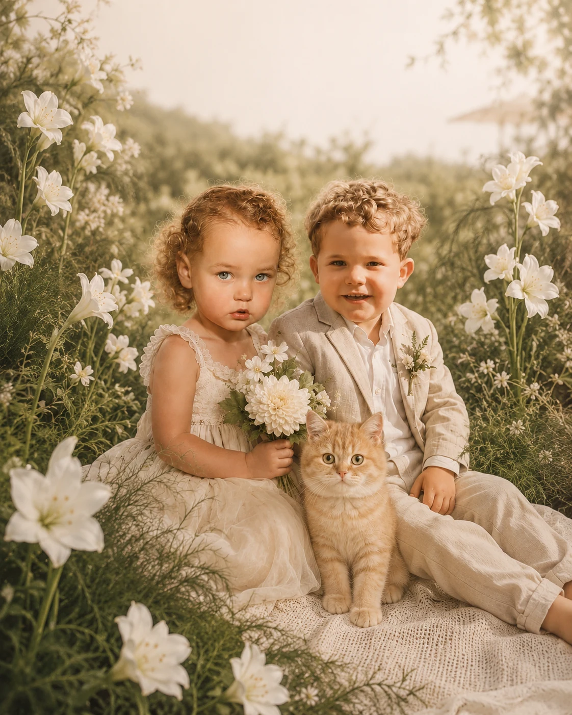 Gemaltes Bild: zwei lockige Kinder mit Blumenstrauß und einer kleinen Katze zwischen weißen Lilien